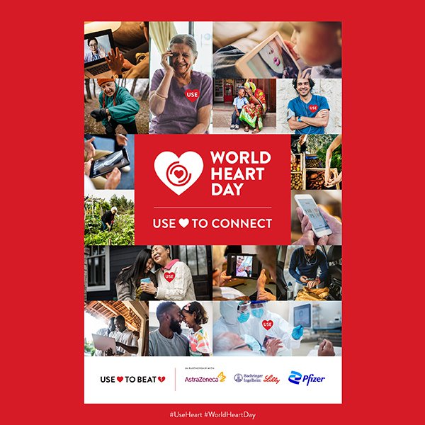 Fotocollage med World heart day med en röd bakgrund bestående av människor i olika situationer. 