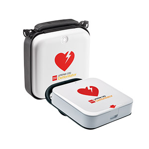 Vit Hjärtstartare Lifepak CR2 med tillhörande matchande väska.