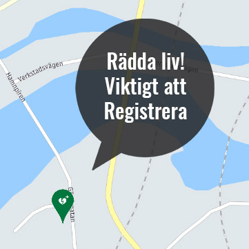 Karta över registrerade hjärtstartare med en stor pratbubbla med texten: Rädda liv, viktigt att registrera. 