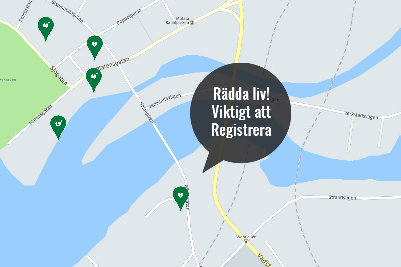 Karta som visar registrerade hjärtstartare. 