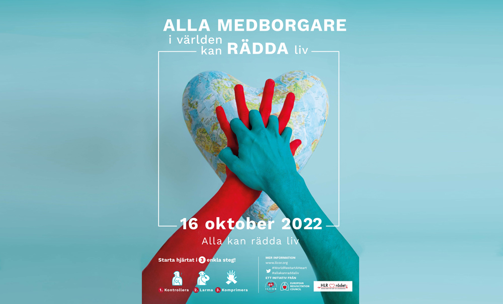 2 händer över ett hjärta med en världskarta som symboliserar World Restart A Heart Day. 