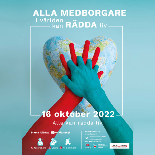 2 händer över ett hjärta med en världskarta som symboliserar World Restart A Heart Day. 