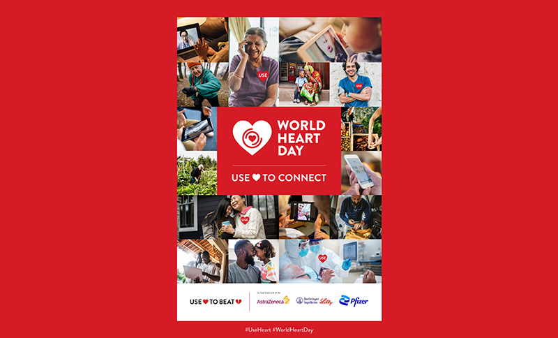 Fotocollage med texten World Heart Day med flertal bilder och röd bakgrund.
