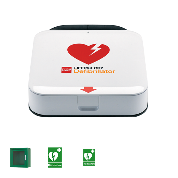 Hjärtstartarpaket med hjärtstartaren lifepak CR2 tillsammans med ett grönt plåtskåp och två gröna skyltar. 