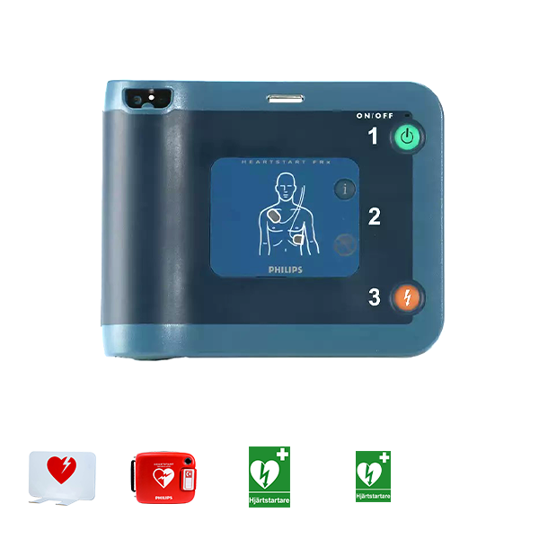 Hjärtstartarpaket med hjärtstartaren Philips FRx i blå design. I paketet ingår ett väggfäste, en röd väska samt två gröna skyltar. 