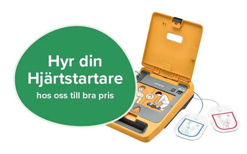  Mindray Beneheart C1A hjärtstartare. Den är gul och har två elektroder vid sidan av hjärtstartaren. Etikett: Hyr din hjärtstartare hos oss till bra pris