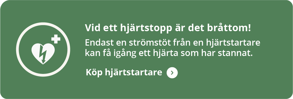 En grön informationsruta med en ikon som föreställer ett hjärta med en blixt inuti. Texten lyder: "Vid ett hjärtstopp är det bråttom! Endast en strömstöt från en hjärtstartare kan få igång ett hjärta som har stannat. Köp hjärtstartare".