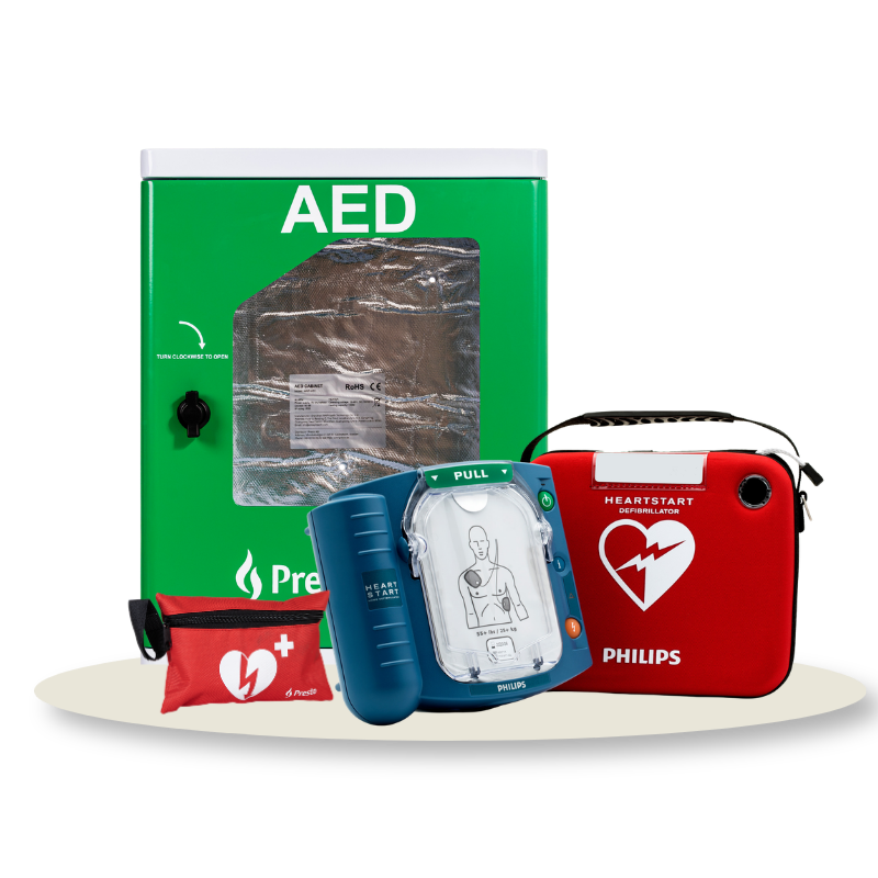 Hjärtstartarpaket med AED-utomhusskåp och Philips HS1 inkl. väska, hjärtstartare & tillbehör av hög kvalité. Alltid med 1 års försäkring & 8 års garanti. 
