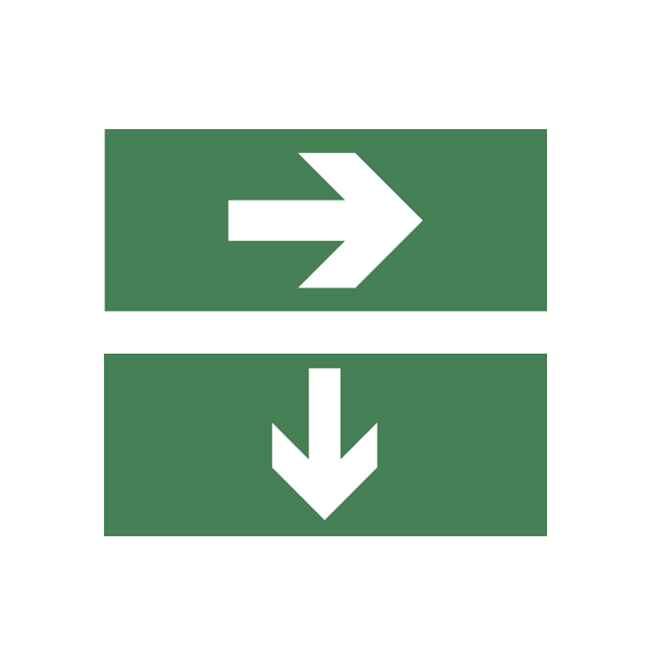 Två gröna skyltar. Den översta med en vit pil som pekar åt höger och den nedre skylten med en vit pil som pekar nedåt.