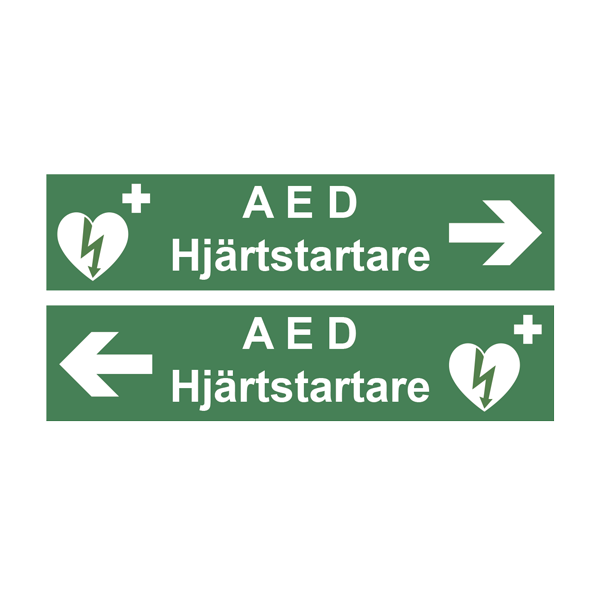 Två gröna skyltar. Den översta med texten AED Hjärtstartare och med en pil åt höger och den nedre likadan men med en pil åt vänster. 