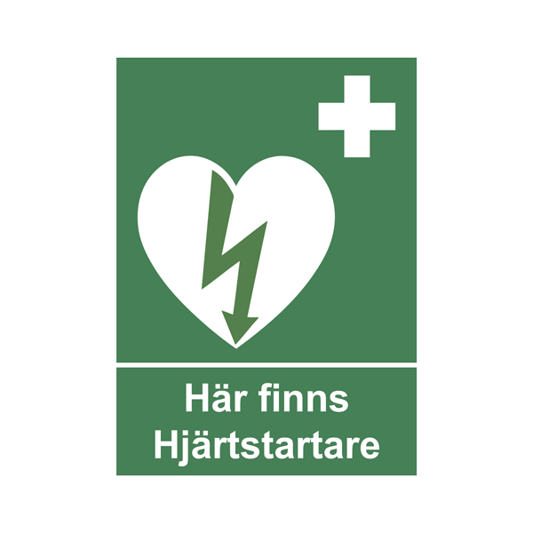 Grön skylt med en vit Hjärtstartarsymbol på. Under detta står texten "Här finns hjärtstartare". 