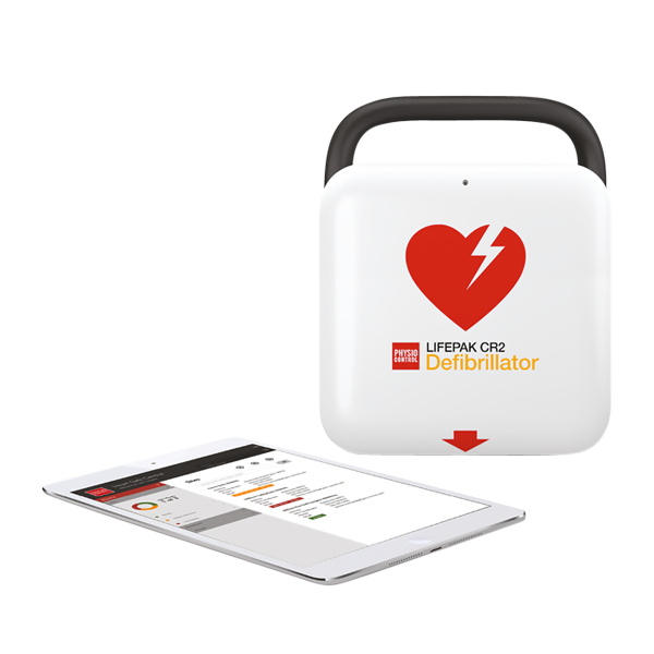 Hjärtstartaren Lifepak CR2 i helvit design med rött hjärta och en vit ipad. Den vita hjärtstartaren har ett svart handtag.