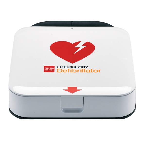 Hjärtstartare Lifepak CR2 Wi-Fi Physio Control Stryker. Hjärtstartaren är i helvit design med ett rött hjärta på. 