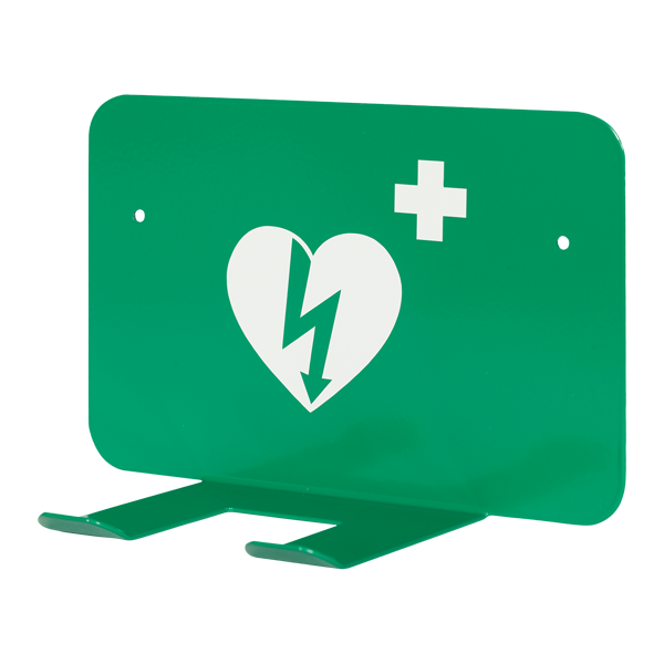En grönt väggfäste till hjärtstartare med en vit hjärtstartarsymbol på. 
