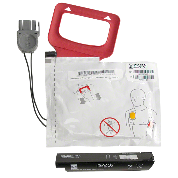 Ett batteri och elektroder till hjärtstartaren Lifepak CR plus. 