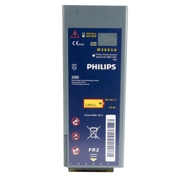 Ett batteri till hjärtstartaren Philips FR2. 