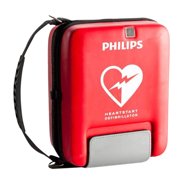 Fodral/väska med handtag som passar till Philips FR3. Fodralet är rött och har texten "PHILIPS" och en hjärtstartarsymbol. 