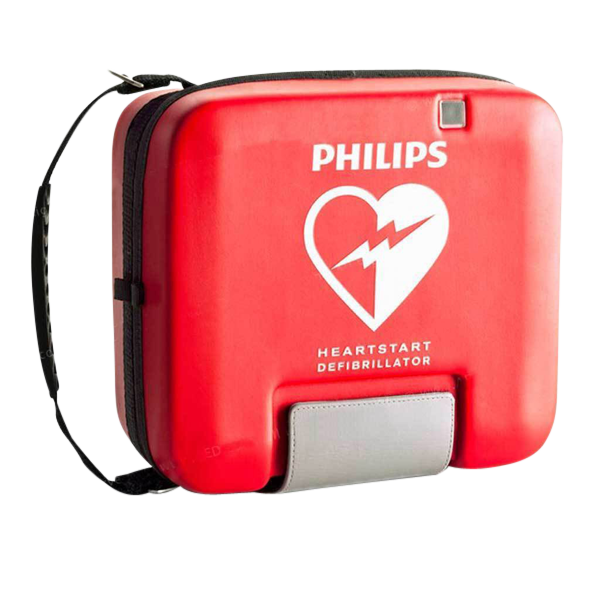 Fodral/väska med handtag som passar till Philips FR3. Fodralet är rött och har texten "PHILIPS" och en hjärtstartarsymbol. 