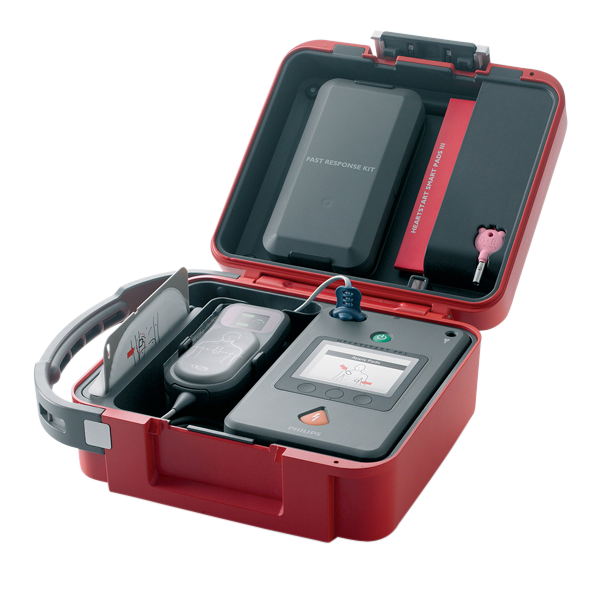 Insidan av en väska för hjärtstartaren Philips FR3. Inuti ser man hjärtstartaren, en barnnyckel, responder kit samt elektroder.