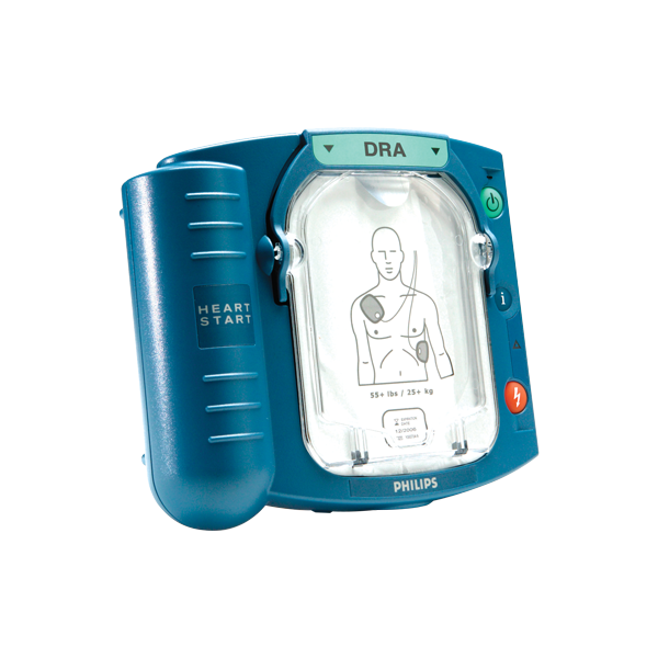 En blå hjärtstartare från Philips av modell HS1, med en person på som visar hur elektroderna ska placeras på kroppen. 