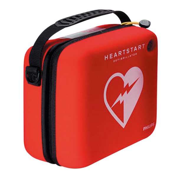 En väska/skydd för hjärtstartaren Philips HS1. Väskan har bärhandtag och är röd med en vit hjärtstartarsymbol på. 