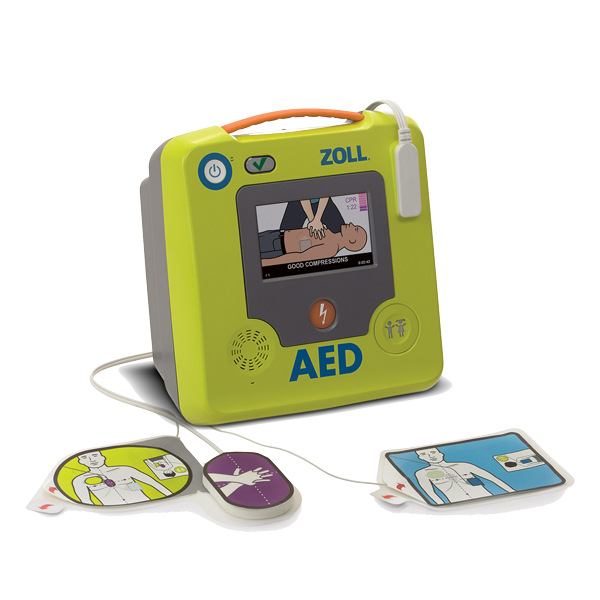 Öppen hjärtstartare Zoll AED 3 med elektroderna liggandes framför.