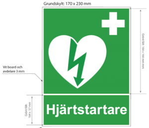 En grön skylt som visar symbolen för hjärtstartare samt har texten "hjärtstartare". 