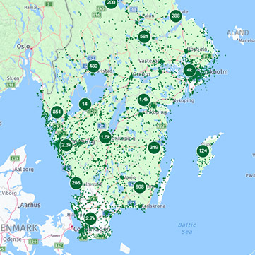 Karta över registrerade hjärtstartare i nedre delen av Sverige.