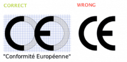 Beskrivande bild som visar korrekt och fel för C och E märkning med grön text correct och röd text wrong. 